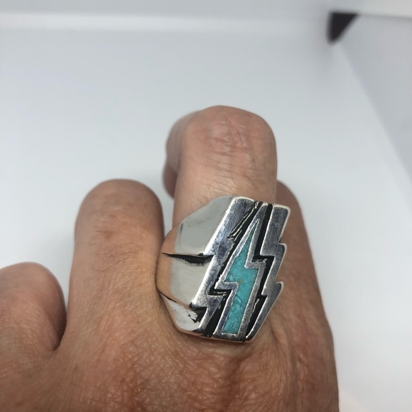 Vintage Real Turquoise Inlay Lightning Bolt Ring - Picture 3 of 4
